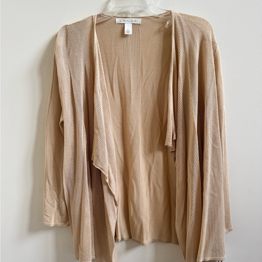 Tan Waterfall Cardigan Sweater with Three-Quarter Sleeves